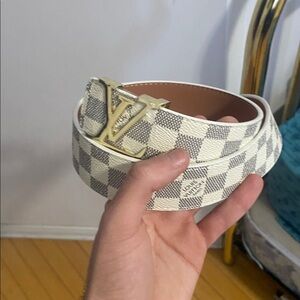 Louis Vuitton White and Gray Checkered Belt with Gold Buckle